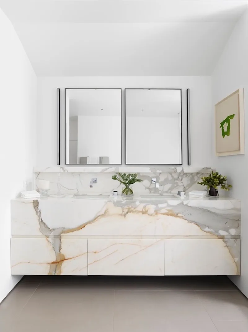 Primary bath with book-matched marble vanity